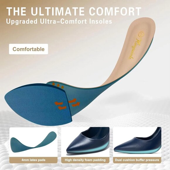 Womens Navy Polyurethane (PU) Pointed Closed Toe Slip On Heels Leather Pumps - Picture 3 of 6